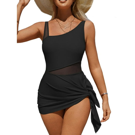 Womens Swimdress Side Tie Knot Swim Dresses Hollow Out Bathing Suit with Skirt Built-in Briefs Black XL