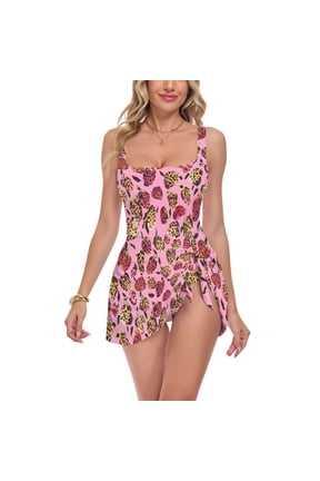 Womens One-Piece Swimdress Strawberry Shape Leopard Pattern Tummy Control Swimsuit Medium