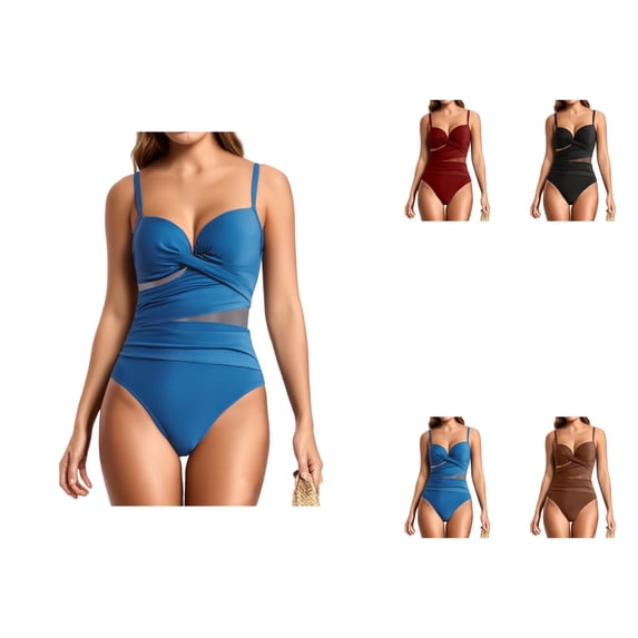 Womens One Piece Swimsuit 2025 V-Neck Ruched Mesh Bathing Suit with Spaghetti Straps, Tummy Control Swimwear