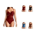 thumbnail image 1 of Womens One Piece Swimsuit 2025 V-Neck Ruched Mesh Bathing Suit with Spaghetti Straps, Tummy Control Swimwear, 1 of 5