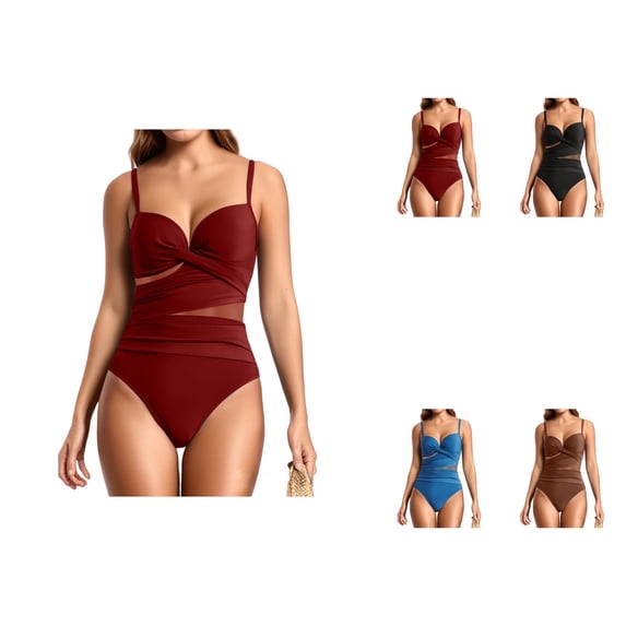 Womens One Piece Swimsuit 2025 V-Neck Ruched Mesh Bathing Suit with Spaghetti Straps, Tummy Control Swimwear