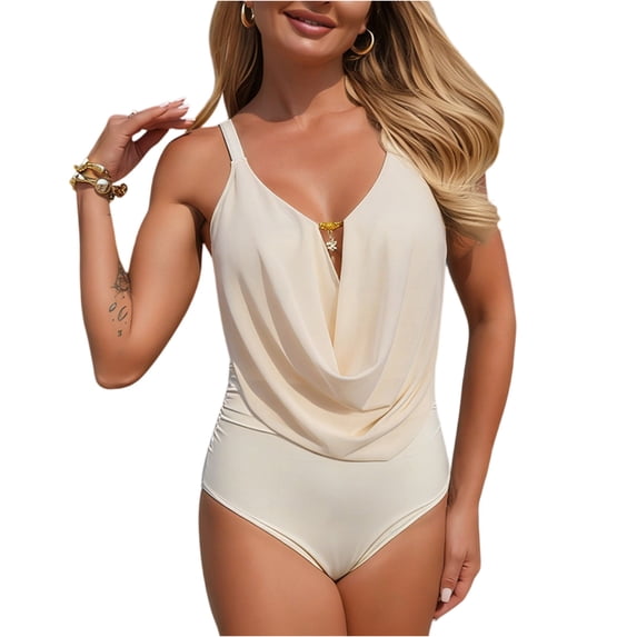 Womens One Piece Swimsuit Cowl Neck Bathing Suit Draped Front Tummy Control Monokini Swimwear, XL