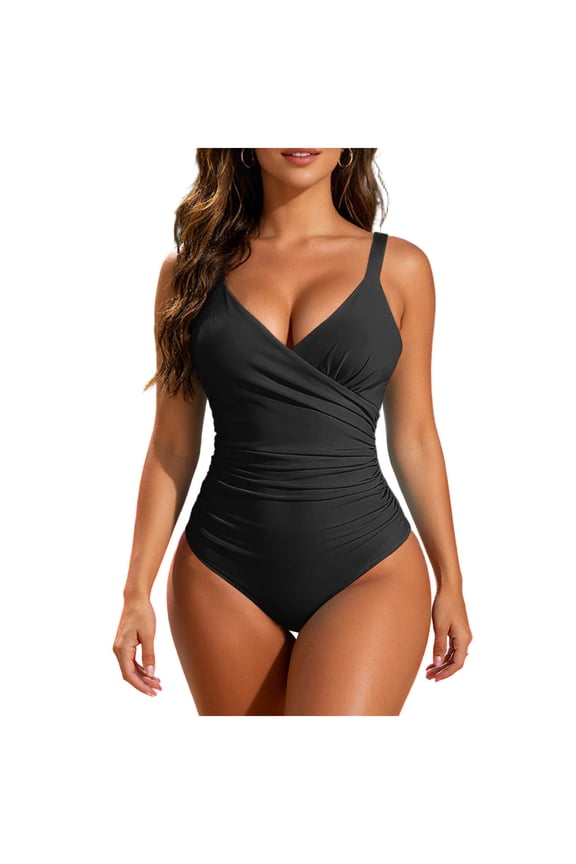 Womens One Piece Swimsuit Fashion Push Up Full Coverage Bathing Suit Backless Slimming Swin Suit V Neck Pleated Swimwear