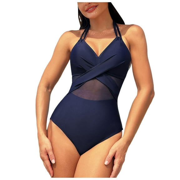 Womens One Piece Swimsuit Mesh Tummy Control Bathing Suits Drawstring Metal Swim Suit 2026 (Navy, M)