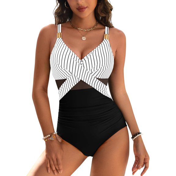 Womens One Piece Swimsuit Metal Modest Tummy Control Bathing Suit Slimming Full Coverage Mesh Swim Suits