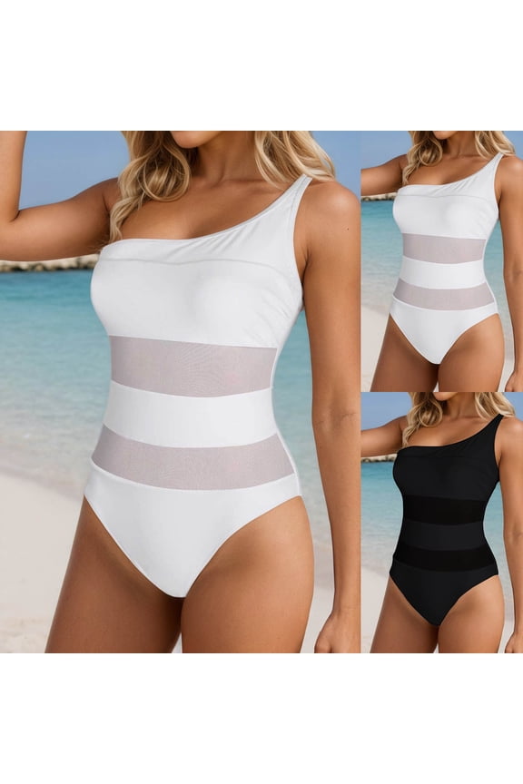 Womens One Piece Swimsuit One Shoulder Monokini Bathing Suit Sheer Mesh Summer Beach Swimwear White S