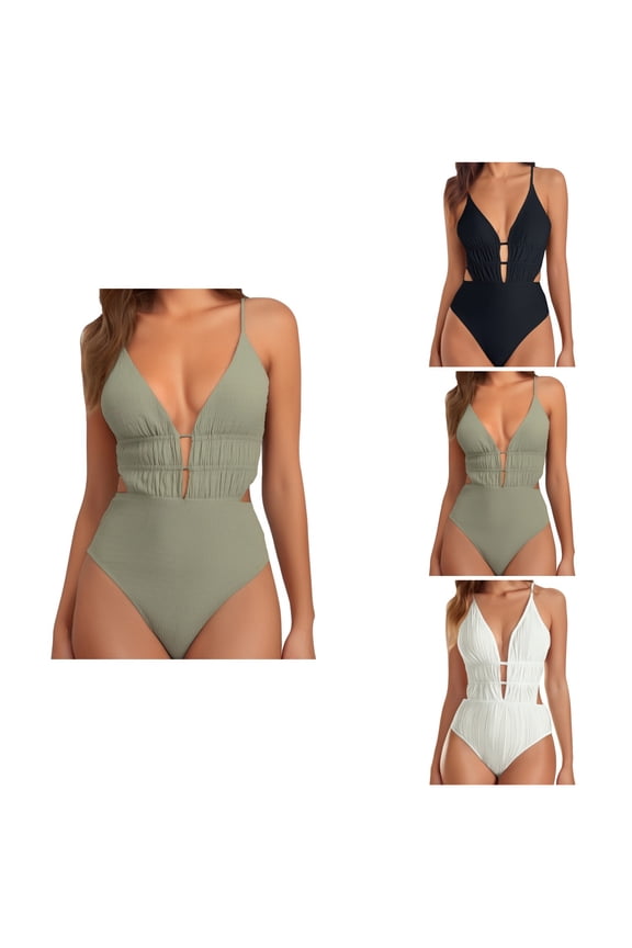 Womens One Piece Swimsuit with Plunging Neck, Cutouts & Tied Backless Design - Removable Padding, Textured Ruched Crisscross Back, Ocean Stripes Summer Beach Swimwear
