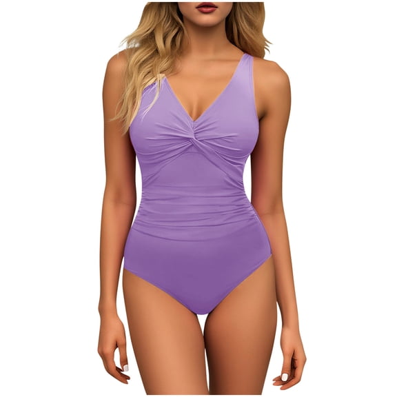 Womens One Piece Swimsuit Purple Shaping Tummy Control Bathing Suit | Ruched V-Neck High Cut for Beach & Pool Vacation,Size L