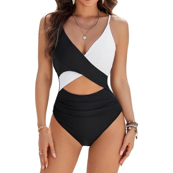 Womens One Piece Swimsuit Sexy Cutout High Cut Color Block Bathing Suits Cheeky Cute Ladies Monokini Swimwear