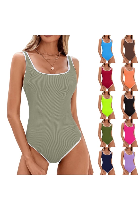 Womens One Piece Swimsuit Sporty Tummy Control Bathing Suit Ribbed Slimming Cute Flattering High Cut Swimwear Red L