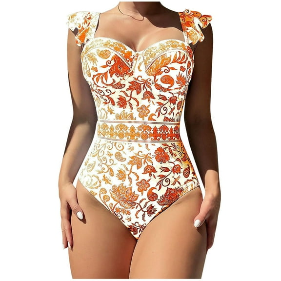 Womens One Piece Swimsuit Tie Floral Bathing Suits Fashion Print Soft V Neck Plus Size Swimwear with Bra (Orange M)