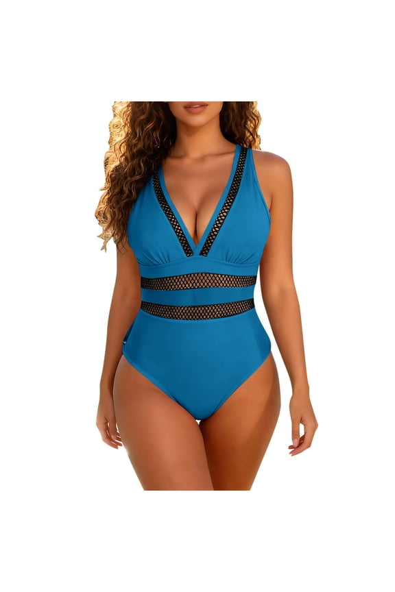 Womens One Piece Swimsuit Tummy Control Shaping Bathing Suit with Mesh Panels Plunge Halter Neck High Cut Sky Blue,Size XL