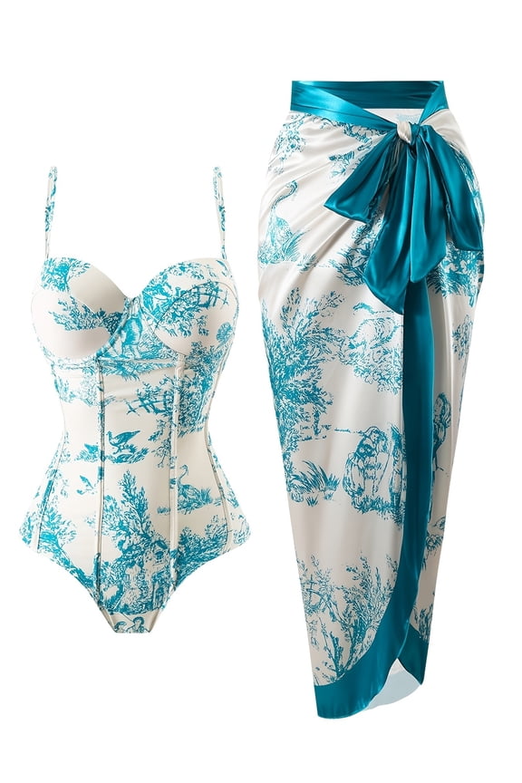 Womens One Piece Swimsuit with Cover Up Tummy Control Sarong Wrap Swim Suit Floral Print Bathing Suits Blue L