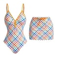 thumbnail image 1 of Womens One-Piece Swimsuit with Cover up Skirt Retro Plaid Bathing Suit Summer Beach Swimwear Sets (L, Orange), 1 of 7