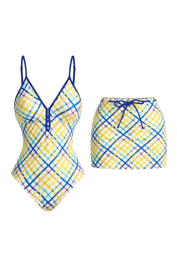 Womens One-Piece Swimsuit with Cover up Skirt Retro Plaid Bathing Suit Summer Beach Swimwear Sets (L, Yellow)