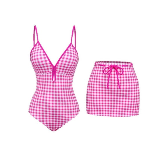Womens One-Piece Swimsuit with Cover up Skirt Retro Plaid Bathing Suit Summer Beach Swimwear Sets (XL, Hot Pink)