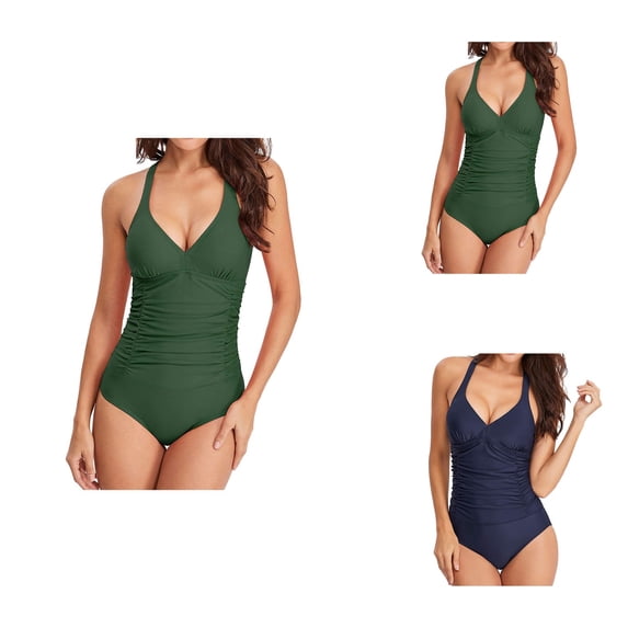 Womens One Piece Swimsuit with Tummy Control, V-Neck, Adjustable Straps, Cross Back & Ruched Solid Print Push-Up Bathing Suit