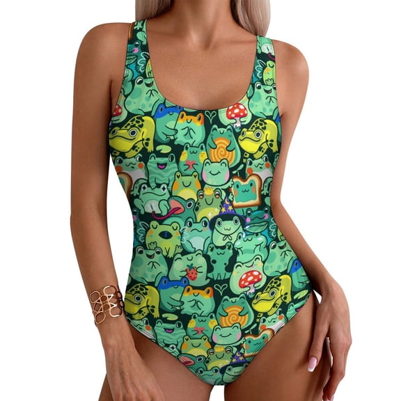 Womens One Piece Swimsuits Anime Cute Frogs Tummy Control Bathing Suits Wireless Racerback Ladies Full Coverage Padded Swimwear For Swimming Training Surfing M