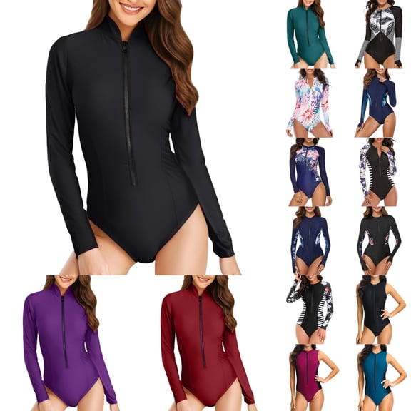 Womens One Piece Swimsuits Long Sleeve Guard Zip Up Training Swim Shirt Sunsuit Solid Black Women's Swimwear M