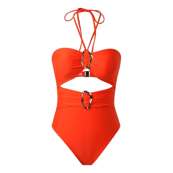 Womens One Piece Swimsuits Sleeveless Halter Neck Cutout Stretch Backless Beach Vacation Casual Bathing Suit Swimwear (L, Orange)