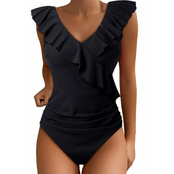 Womens One-Piece Swimsuits Solid Color Cute Ruffle V Neck One Piece Swimsuit Women Swimwears Holiday Wear,Black,XL