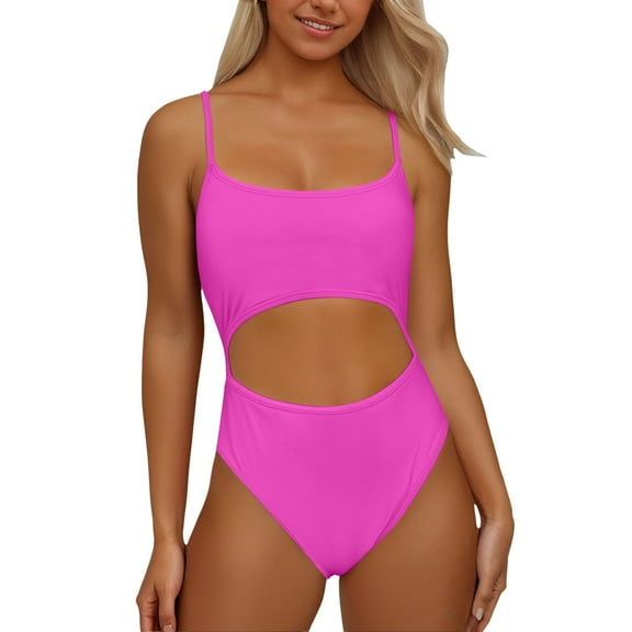 Womens One-Piece Swimsuits Solid Color Neck Front Lace Up Back High Cut Monokini One Piece Swimsuit Women Swimwears Holiday Wear,Pink,L
