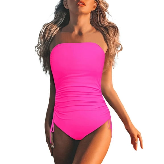 Womens One-Piece Swimsuits Solid Color Strapless Bandeau One Piece Swimsuit Women Swimwears Bathing Suits,Pink,XL