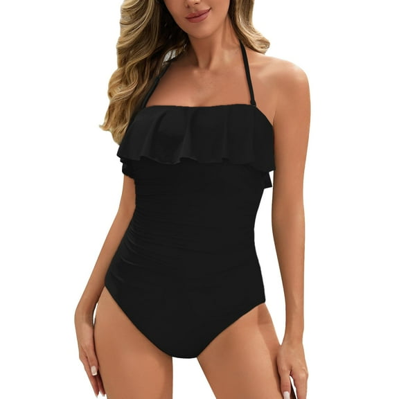 Womens One-Piece Swimsuits Solid Color Strapless Bandeau Ruffle One Piece Swimsuit Women Swimwears Activewear,Black,M