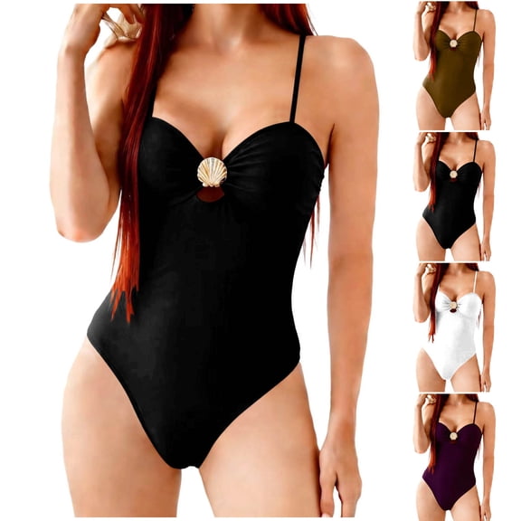 Womens One Piece Swimsuits Tummy Control Ruched Bandeau Thin Strap Summer Beach Bathing Suit White