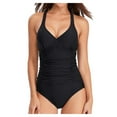 thumbnail image 1 of Womens One Piece Swimsuit with Tummy Control, V-Neck, Adjustable Straps, Cross Back & Ruched Solid Print Push-Up Bathing Suit, 1 of 4