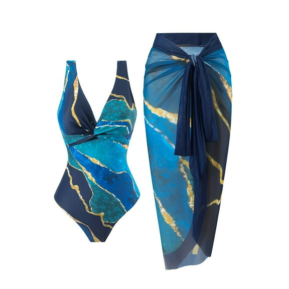 Womens One Piece Swimwear with Cover Up Retro Floral Printed Beach Swimsuit Wrap Maxi Skirt Bathing Suit Blue M