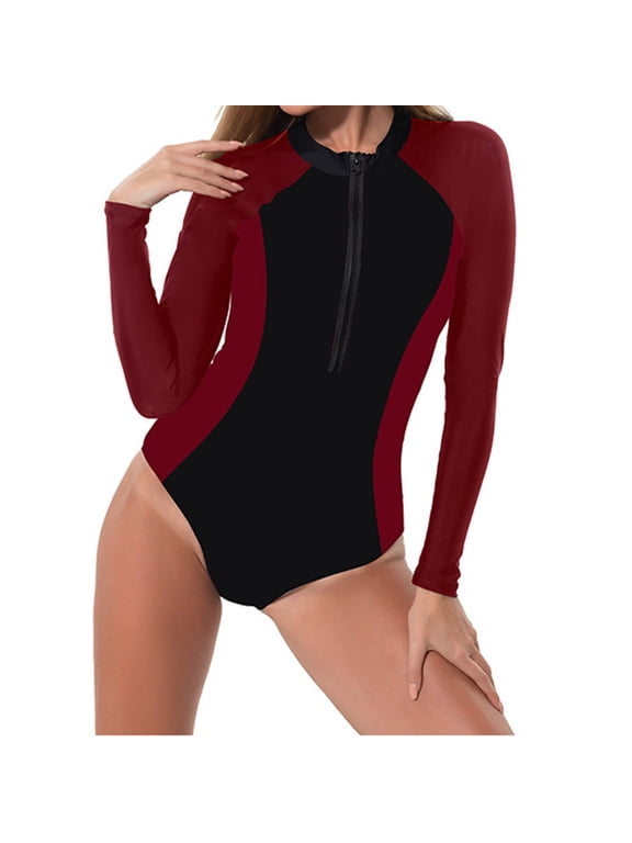 Womens One Piece Wetsuit Front Zipper Long Sleeve UPF 50+ Color Blocked Swimsuit Half Body Bathing Suits