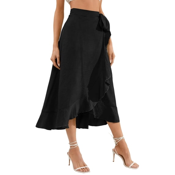 Womens One-Piece Wrap Tie Waist Solid Color Irregular Hem Chiffon Midi Skirt Elegant Flowy Black L