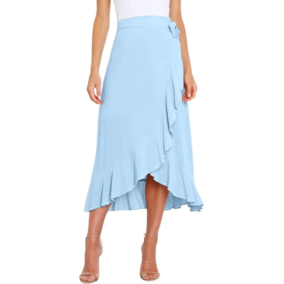 Womens One-Piece Wrap Tie Waist Solid Color Irregular Hem Chiffon Midi Skirt Elegant Flowy Blue M