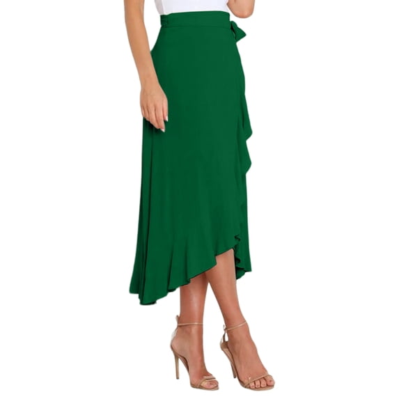 Womens One-Piece Wrap Tie Waist Solid Color Irregular Hem Chiffon Midi Skirt Elegant Flowy Dark Green M