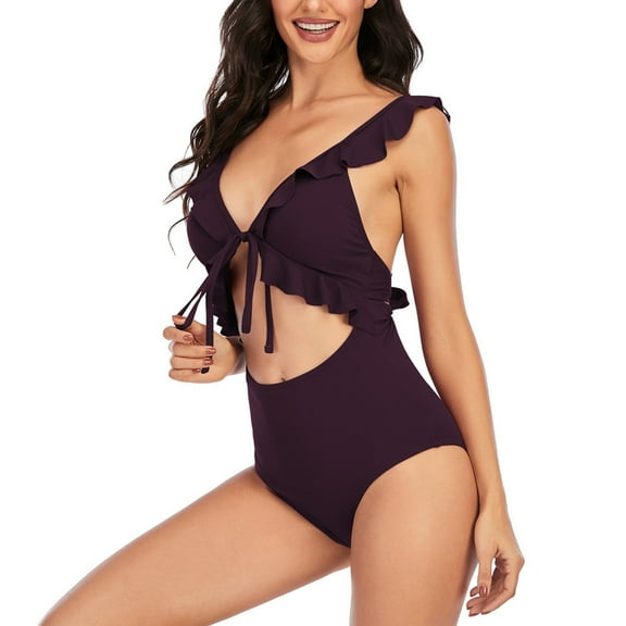 Womens One Pieces Swimsuits,Summer Casual One Piece Swimsuits for Women Tummy Control,One Piece Swimsuits for Women,Women's Solid Color Fashion Sexy Adjustable Frenum Flounce Backless Bikinis