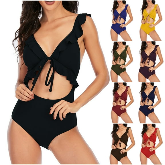 Womens One Pieces Swimsuits,Summer Casual One Piece Swimsuits for Women Tummy Control,One Piece Swimsuits for Women,Women's Solid Color Fashion Sexy Adjustable Frenum Flounce Backless Bikinis