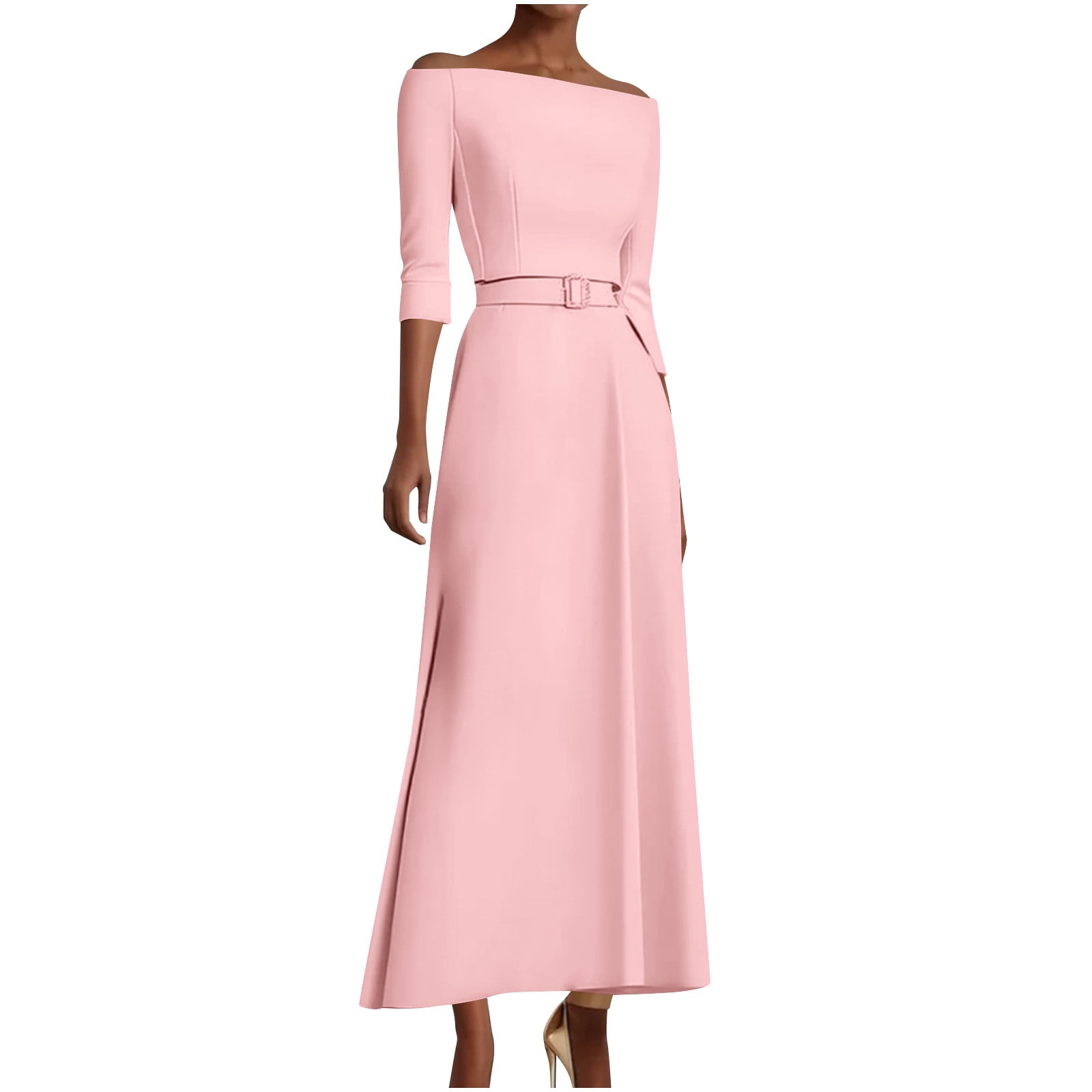 Womens One Shoulder 3/4 Sleeve High Waist A Line Maxi Dress with Belt Elegant Solid Color Office Work Party Style