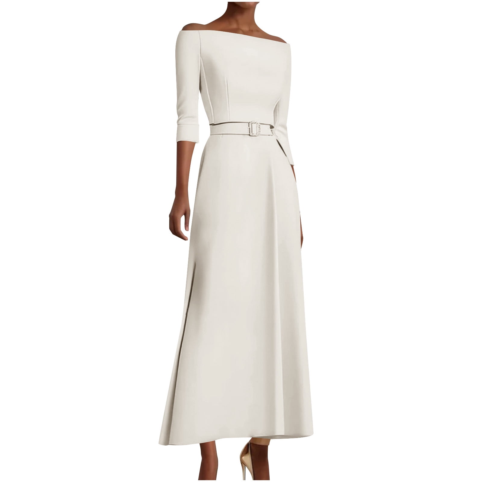 Womens One Shoulder 3/4 Sleeve High Waist A Line Maxi Dress with Belt Elegant Solid Color Office Work Party Style