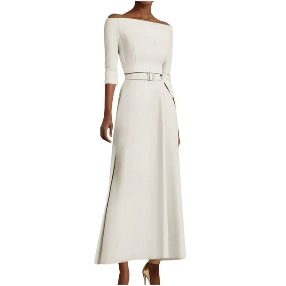 Womens One Shoulder 3/4 Sleeve High Waist A Line Maxi Dress with Belt Elegant Solid Color Office Work Party Style