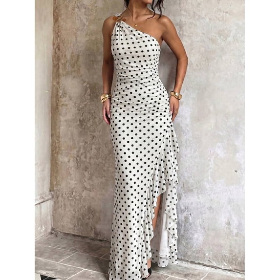 Womens One Shoulder Black And White Polka Dot Long Dress With Ruffle Hem