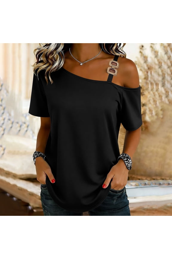 Womens One Shoulder Cold Shoulder Asymmetrical Top Loose Fit Blouse Soft Stretch Polyester Spandex Curved Hem Black,Size S
