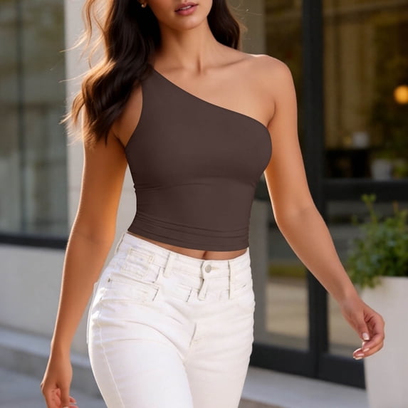 Womens One Shoulder Cropped Tops, Slim Fitting Sleeveless Party Tank Tops Brown M