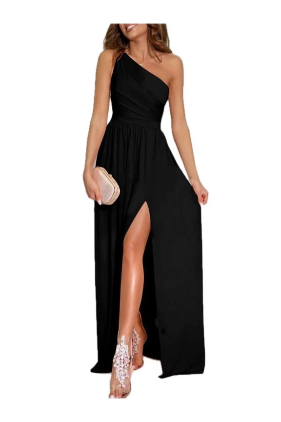 Womens One Shoulder High Slit Dress Ruched Stretch Silhouette for Evening Party Outfit 95% Polyester 5% Elastane