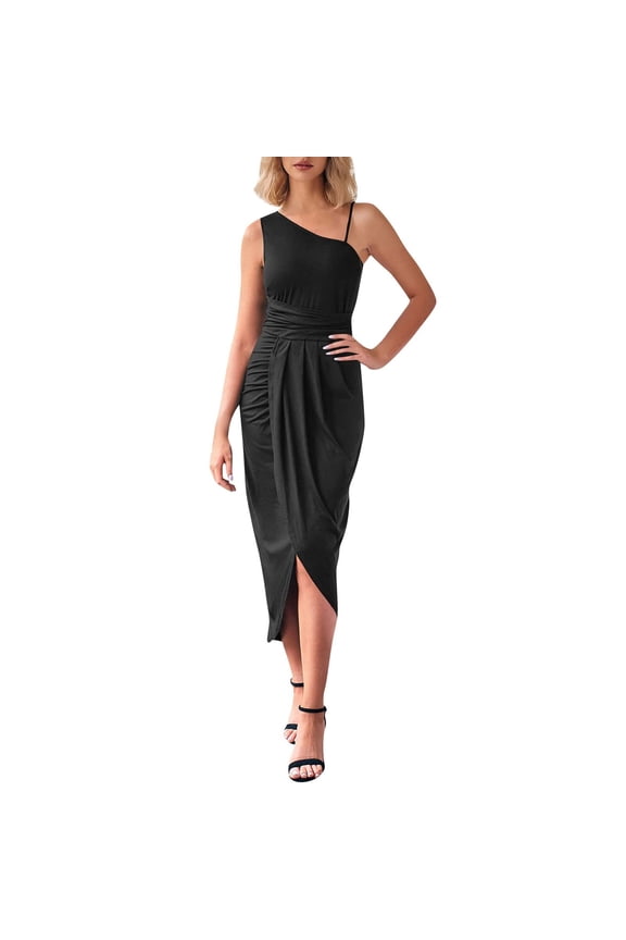 Womens One Shoulder Long Formal Dress Summer Sleeveless Bodycon Ruched Wrap Split Cocktail Dresses Black