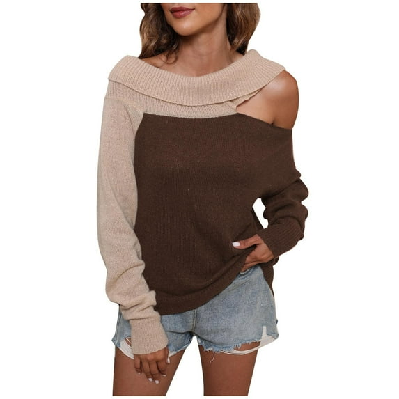 Womens One Shoulder Long Sleeve Knit Sweater Tops Crewneck Color Block Patchwork Fashion Sweater Pullover for Women Womens Clothes