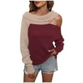 thumbnail image 1 of Womens One Shoulder Long Sleeve Knit Sweater Tops Crewneck Color Block Patchwork Fashion Sweater Pullover for Women, 1 of 6