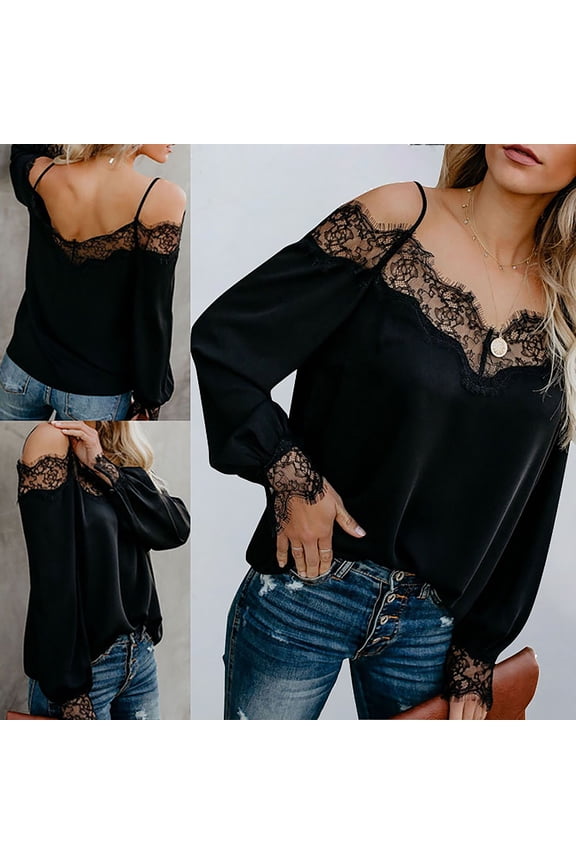 Womens One Shoulder Long Sleeve Tops Lace Patchwork Blouse V-Neck Casual Loose Tunic Shirt Fall Clothes 2025 (Black M)