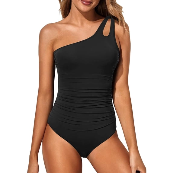 Womens One Shoulder One Piece Swimsuit Tummy Control Bathing Suits Modest Full Coverage Cutout Swimwear Black XXL