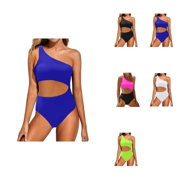 Womens One Shoulder One Piece Swimsuit with Keyhole Cutout, Full Coverage Tummy Control Bathing Suit